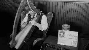 Close portrait of Hari playing harp.